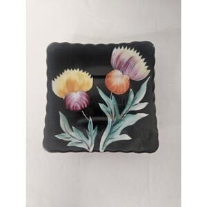 Vintage 3.5” SAJI Porcelain Trinket Dish Plate Occupied Japan Floral Black Pink